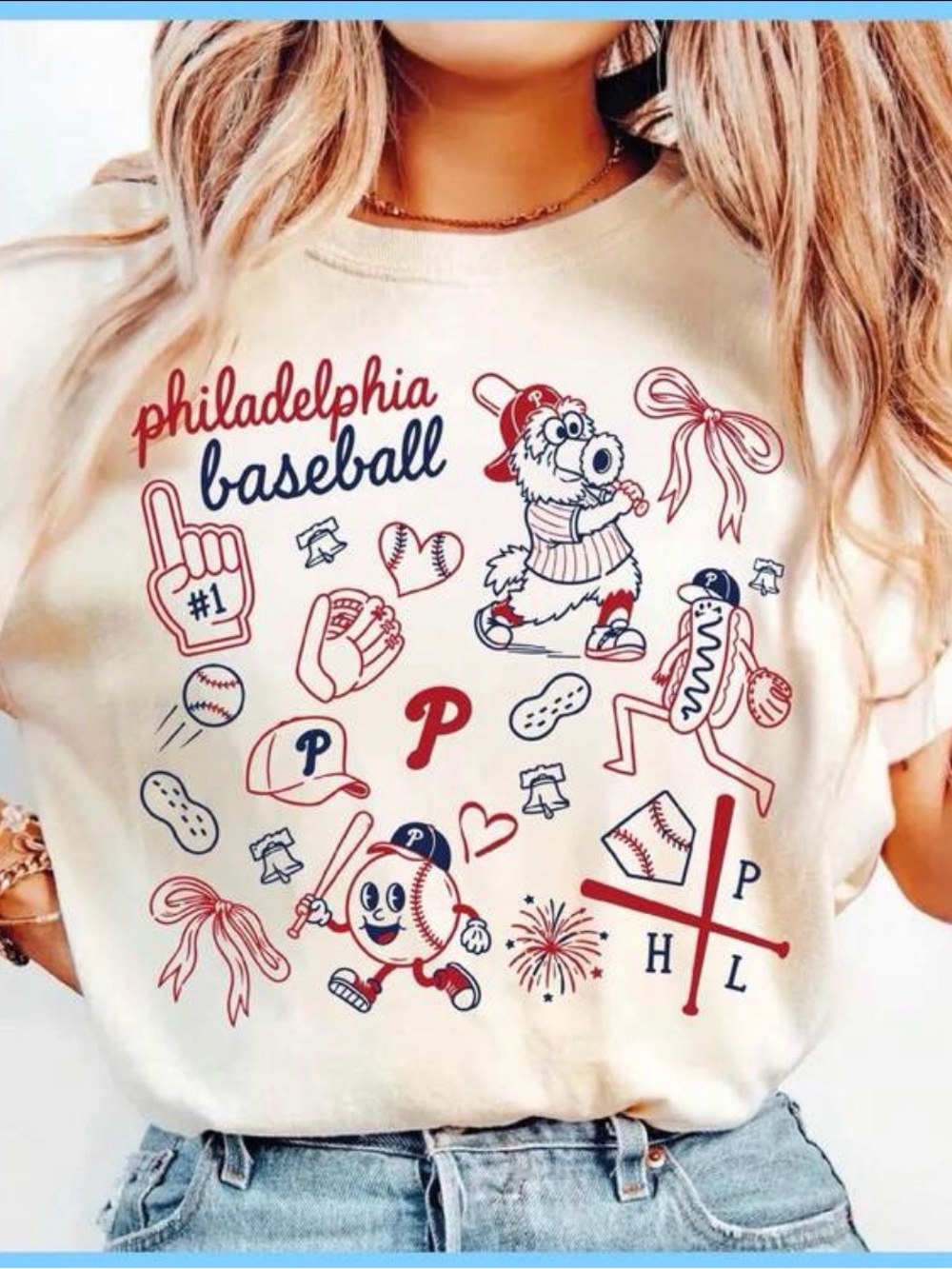 Philadelphia Phillies Baseball Graphic Tee - Cream with Red & Navy